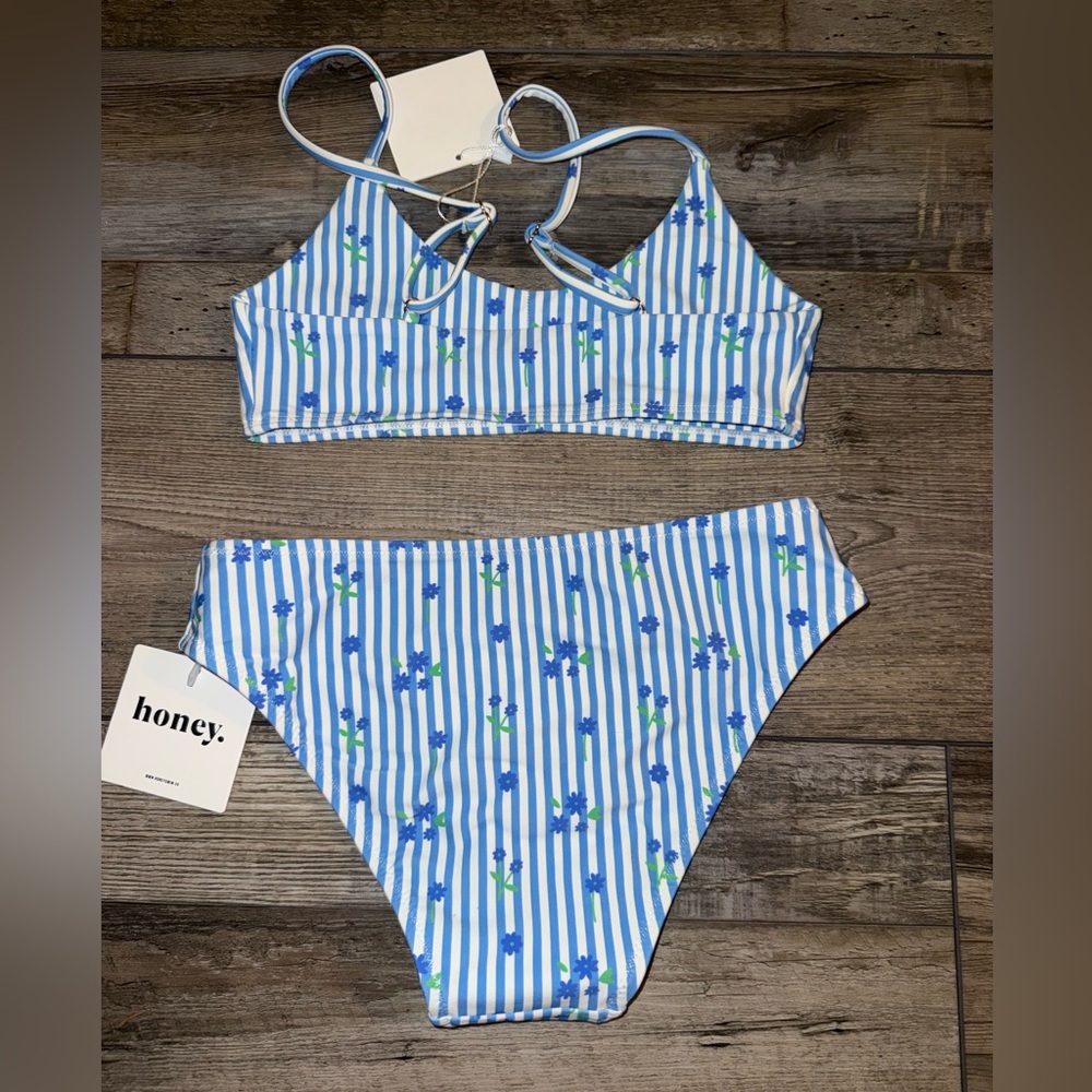 Honey Swim Blue and White Striped Bikini XS NWT - Picture 3 of 4